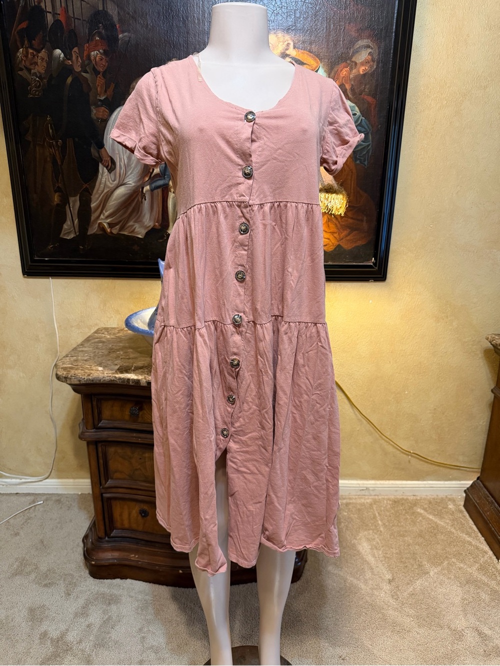 Short-Sleeve Button-Front Midi Dress in Dusty Pink